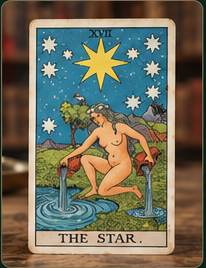 The Star card upright on a wooden tabletop, with softly blurred surroundings